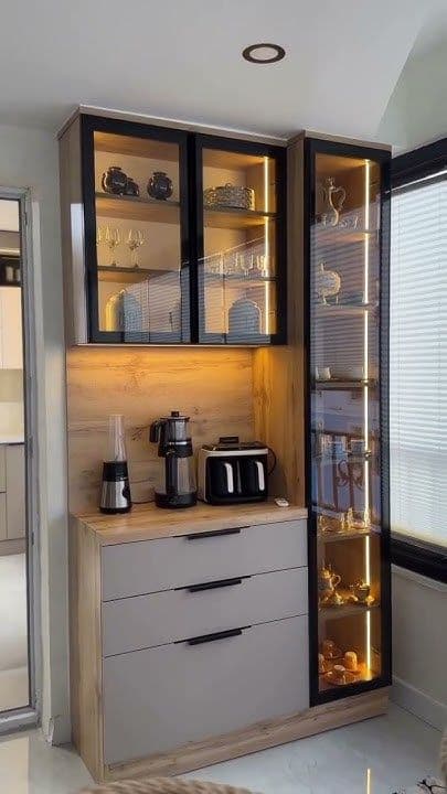 Modern glass crockery cabinet with lighting
