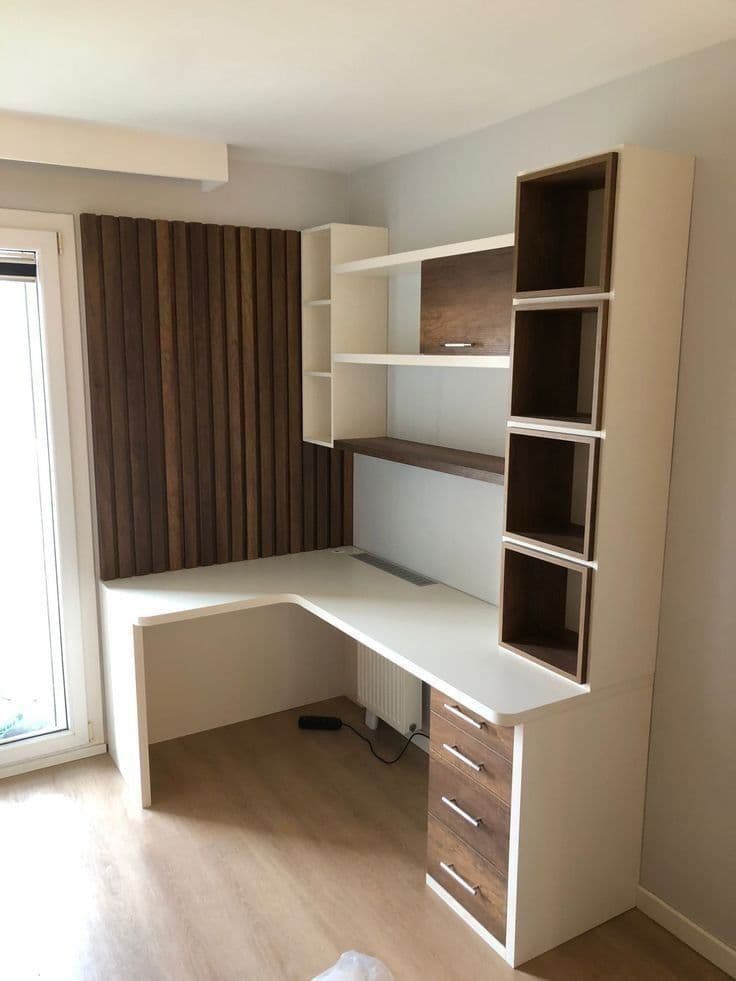 L-shaped study unit with shelves