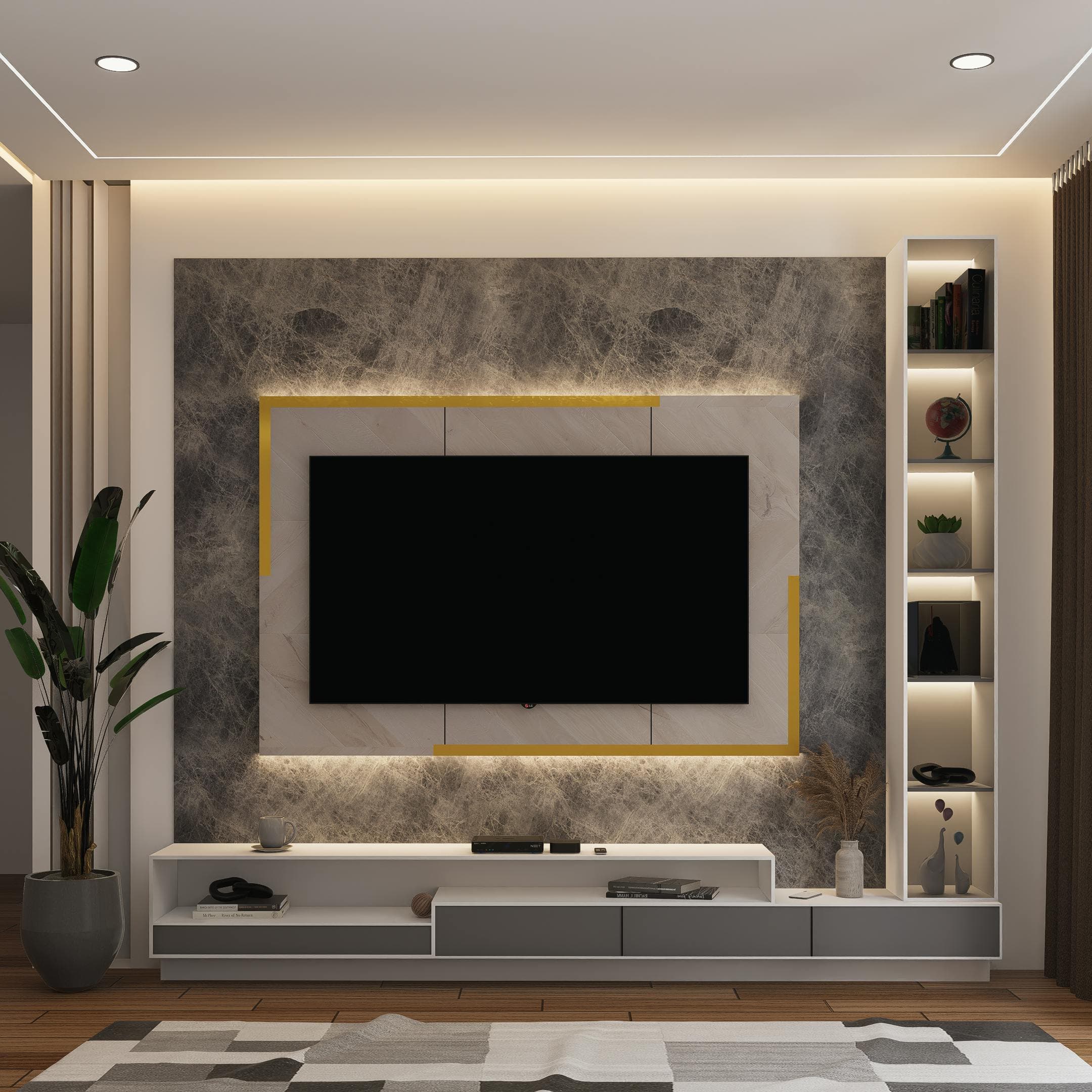 Premium wooden TV cabinet with storage and LED lighting